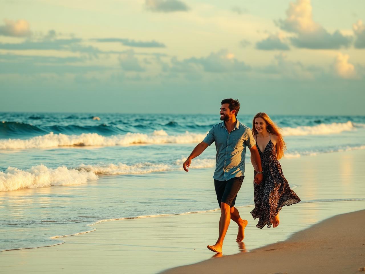 Couple walking on the beach at sunset, enjoying the freedom of running their own business